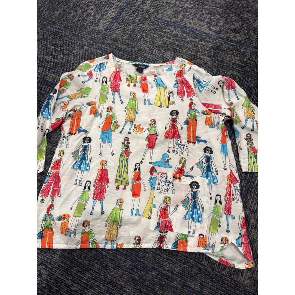 Ali Miles Womens Fashion Illustration Dog Print Tunic Top White Multicolor M